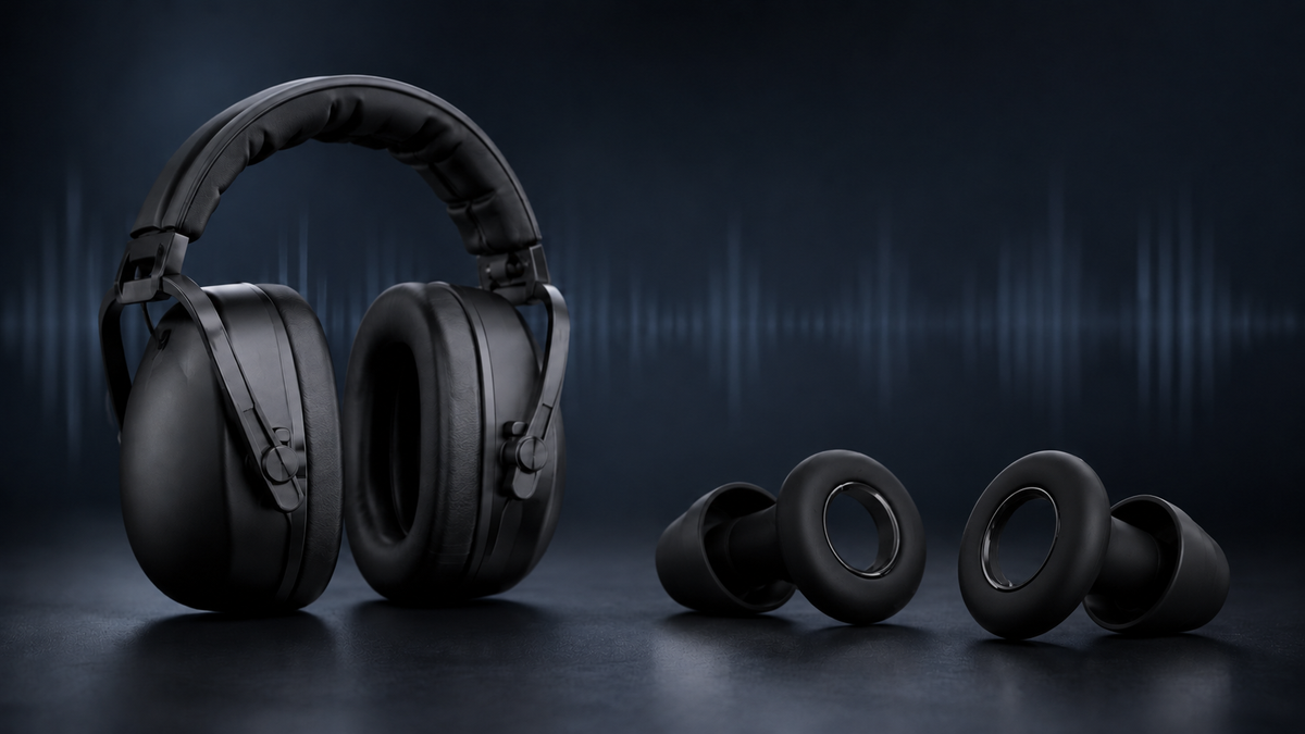 Casque anti-bruit posé à côté de bouchons d'oreilles en silicone Sova PRO 1 — comparatif