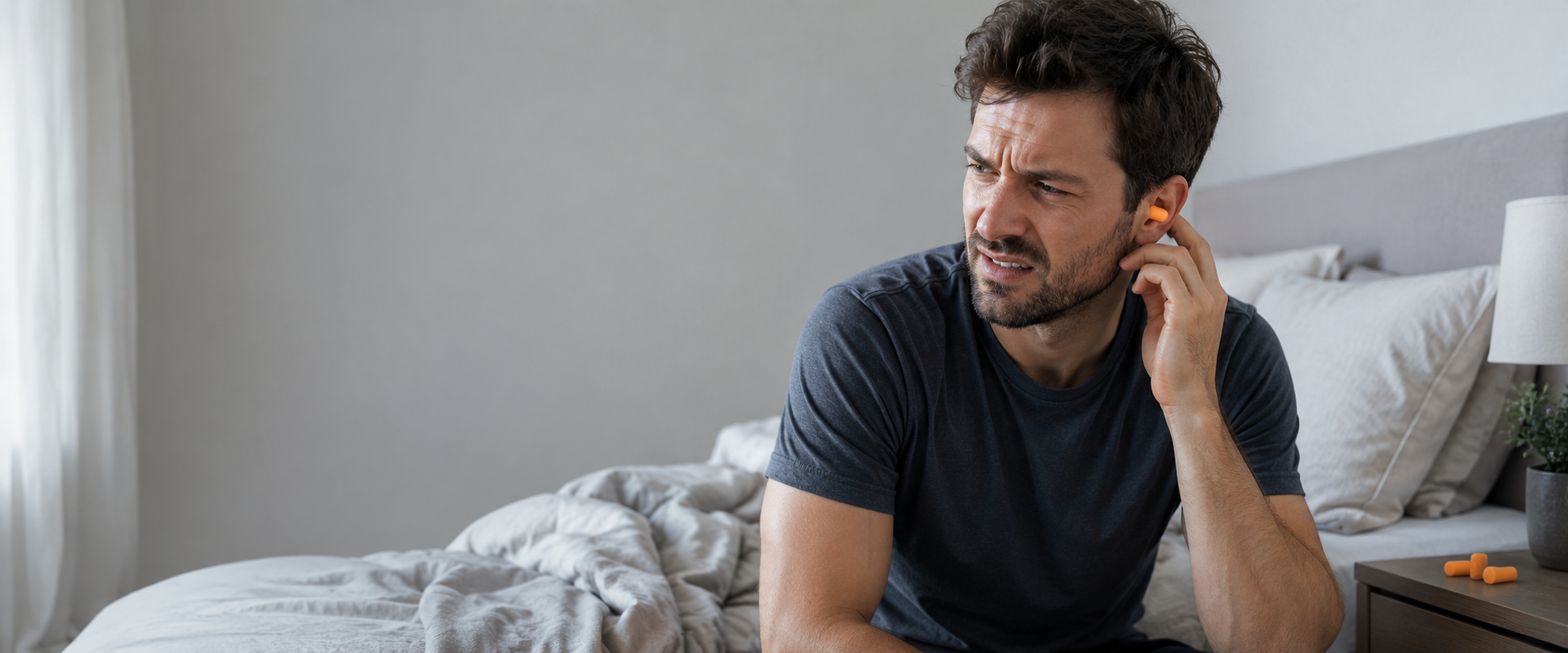 Homme gêné par des bouchons d’oreille en mousse pour dormir Image