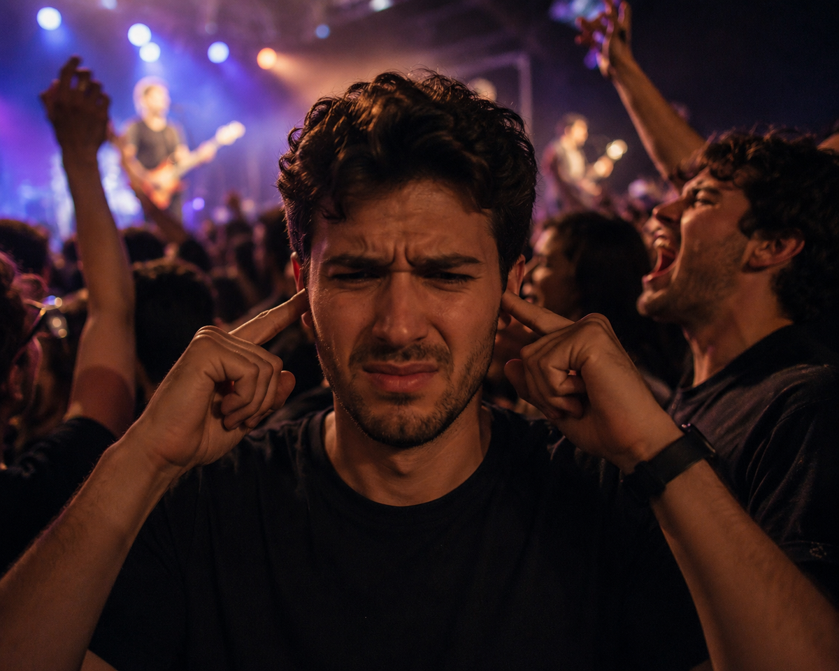 Homme dérangé par le bruit fort lors d'un concert, mains sur les oreilles Image